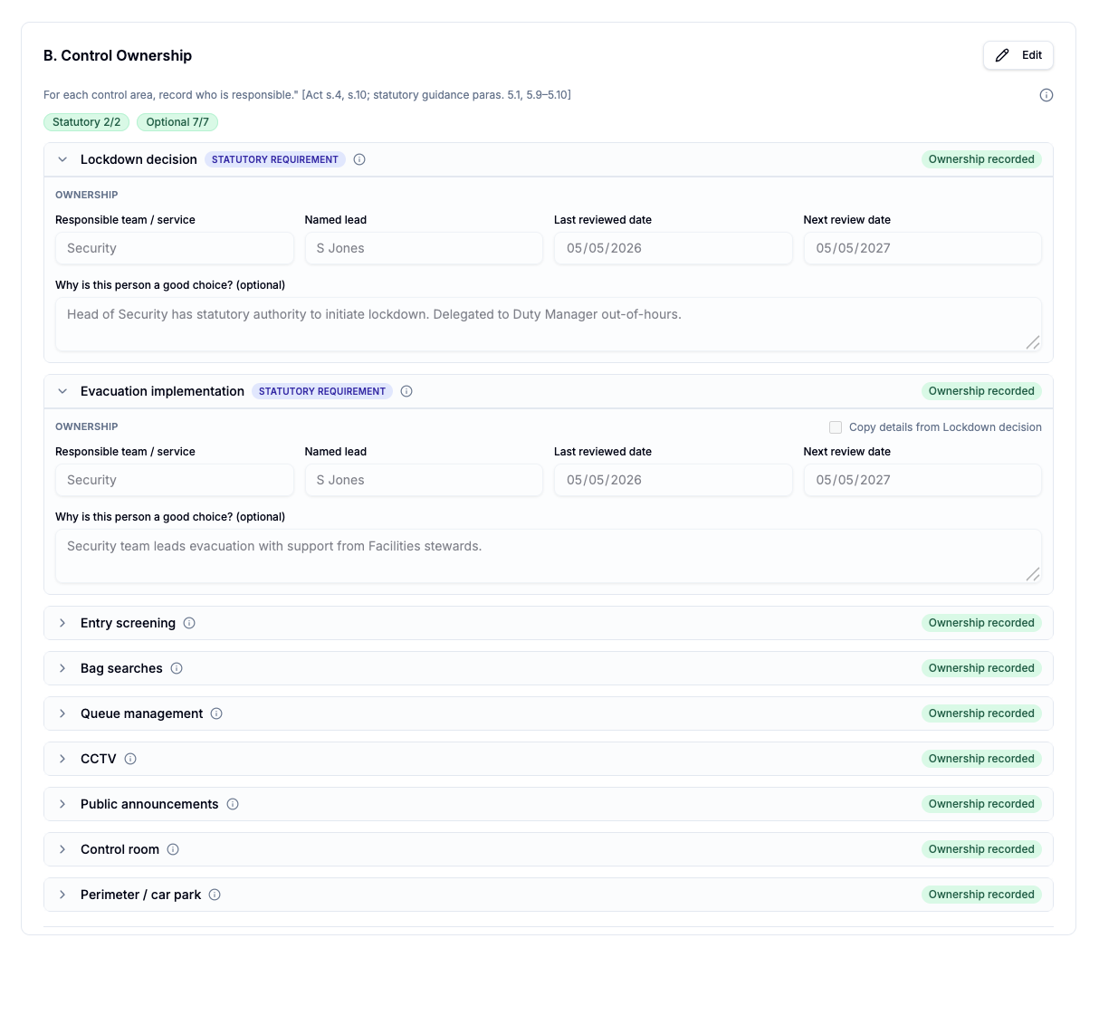 Control ownership screen assigning responsibility for each control