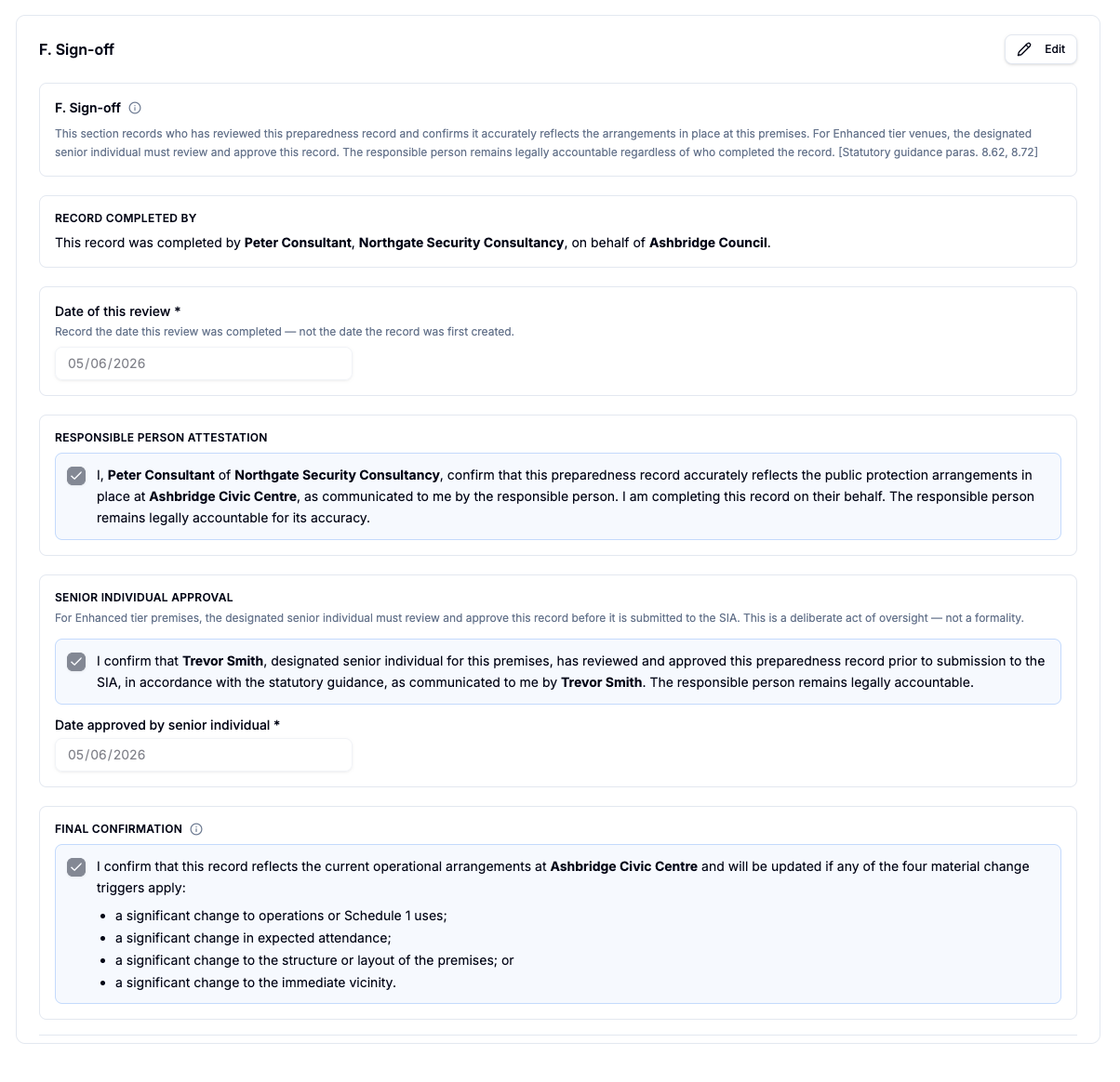 Review and sign-off record with change history